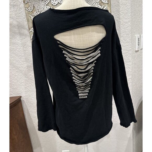 Black Long Sleeve Top W/ Rhinestone Back Cutouts & Off-Shoulder Design L - Picture 4 of 11